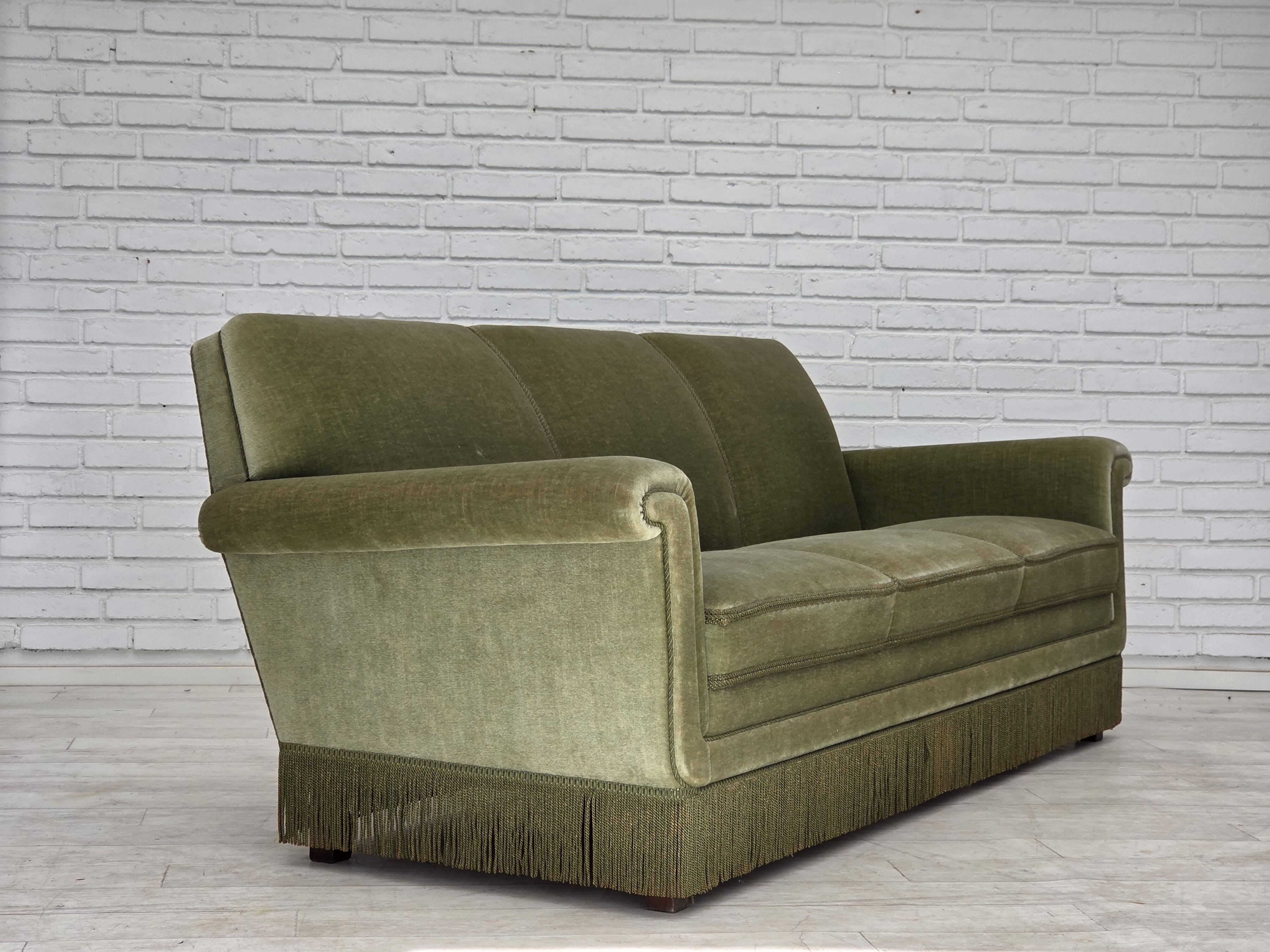 1970s, Danish 3-seater sofa, green furniture velour, beech wood.