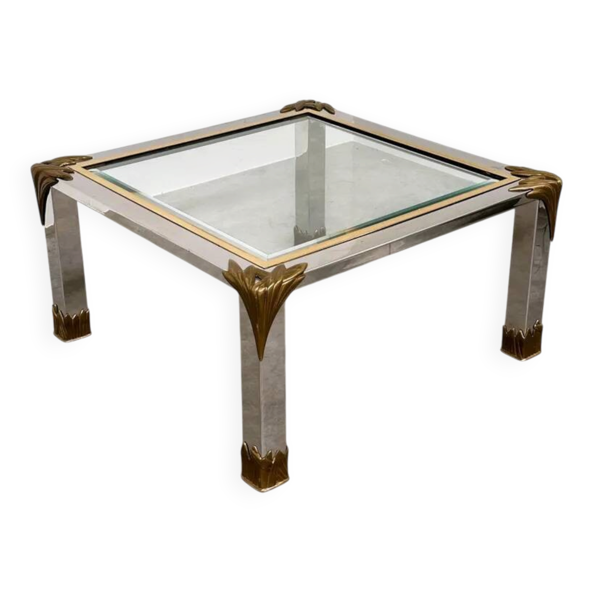 Vintage coffee table in chrome and brass adorned with sculpted leaf details, 1970s