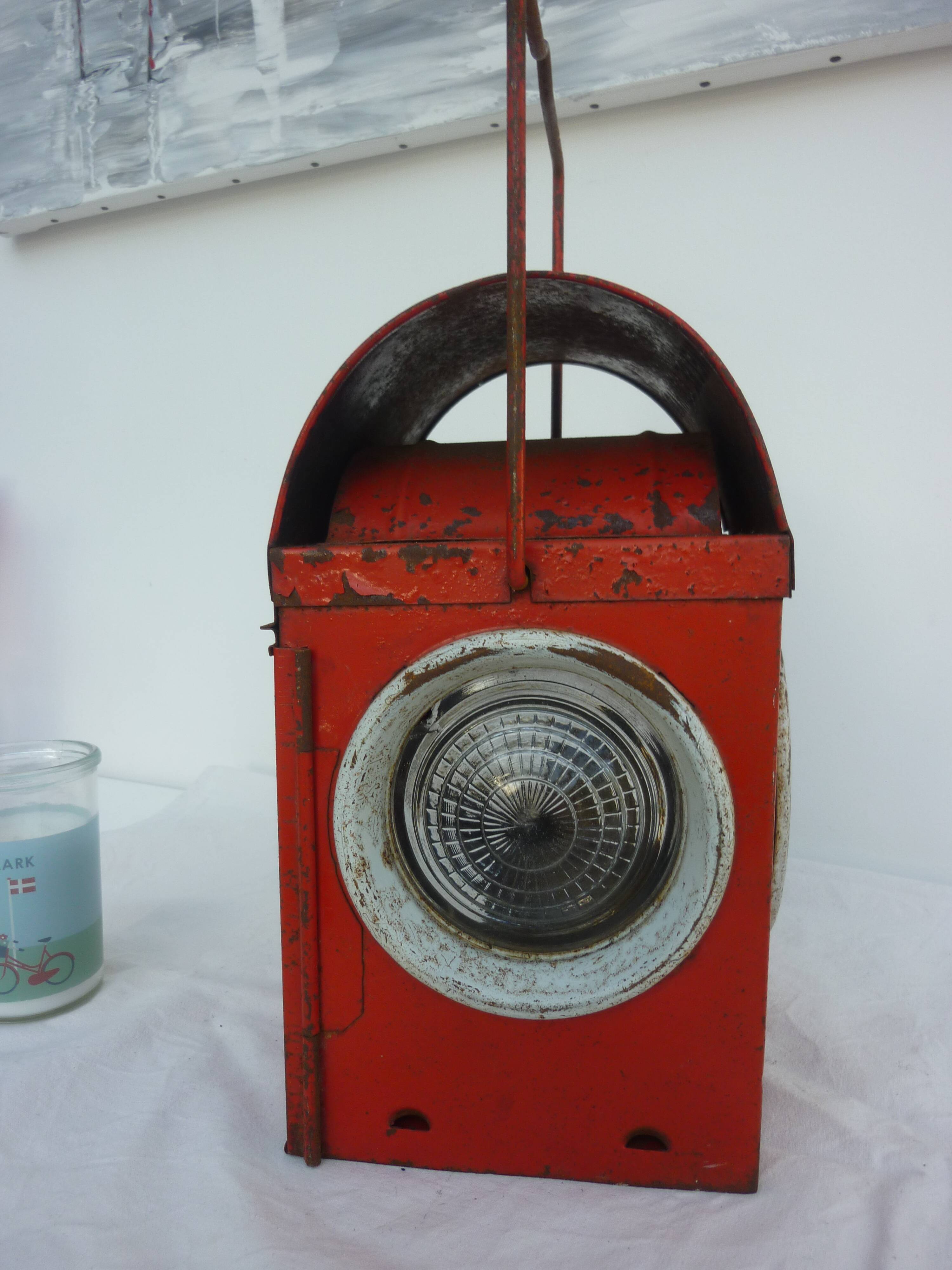 Ancient railway lantern Denmark, station, train, red enamelled sheet metal