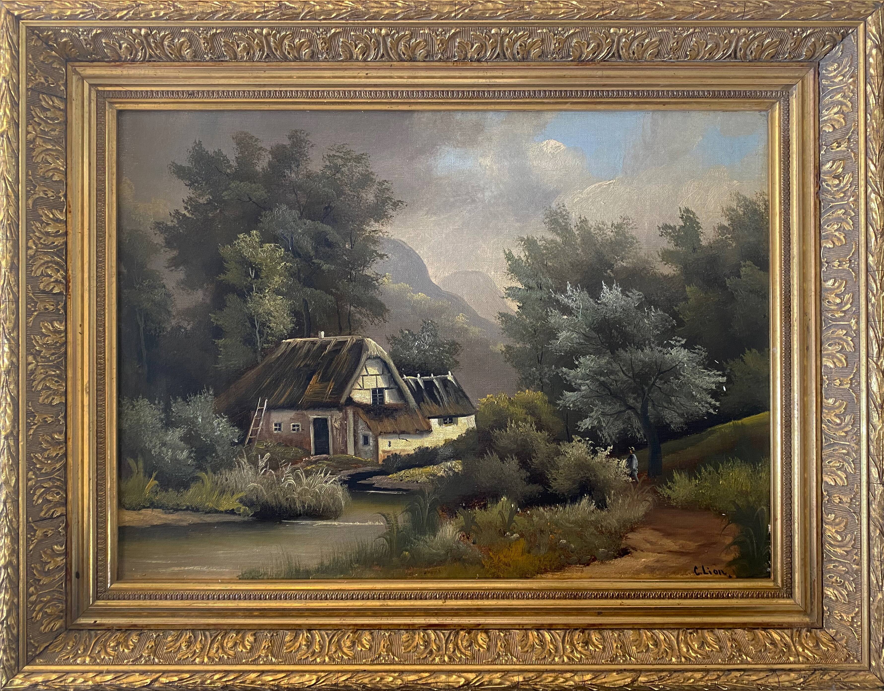 Table HST XIX° "The jewel of nature" Animated landscape Signed C. Lion + frame