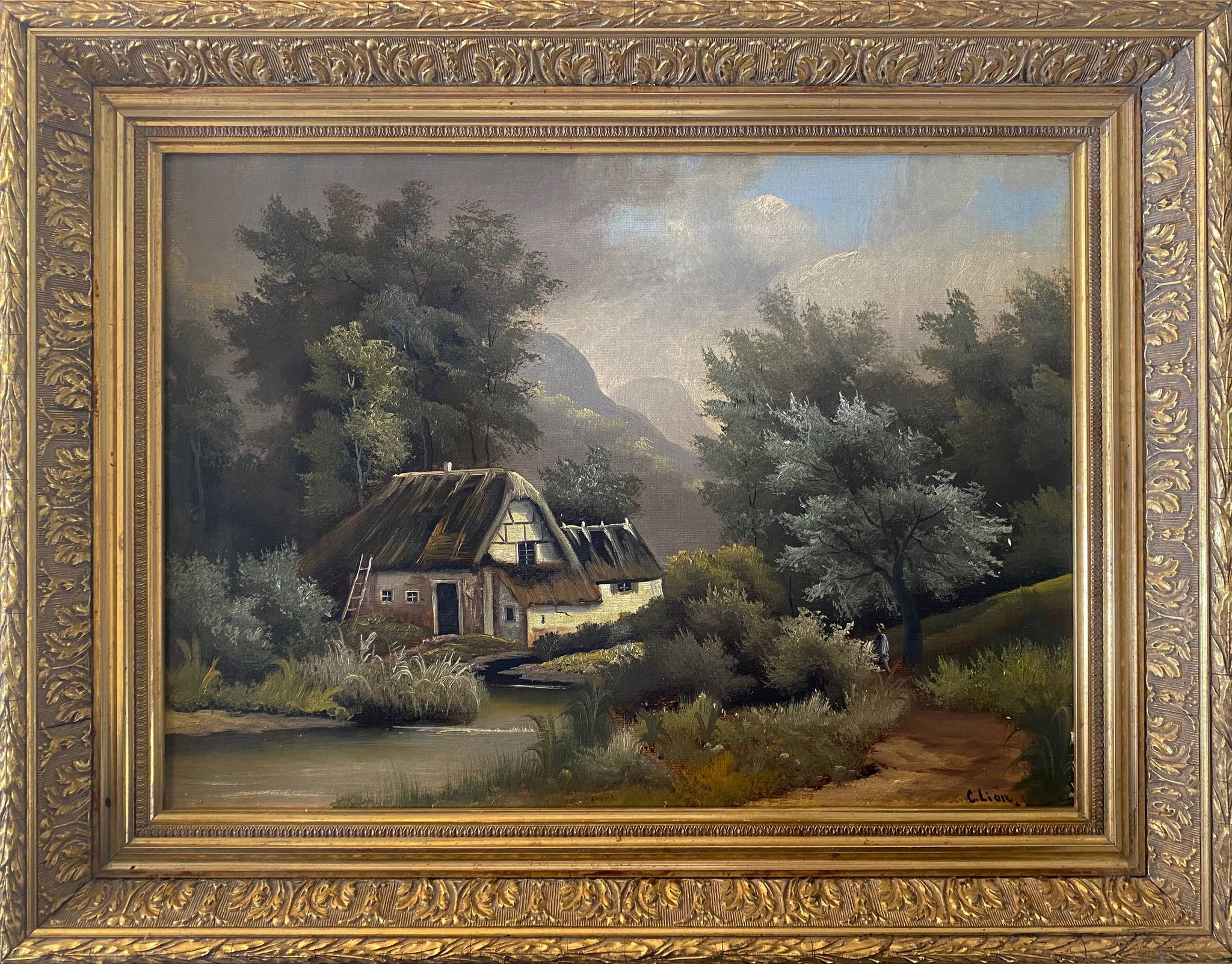 Table HST XIX° "The jewel of nature" Animated landscape Signed C. Lion + frame
