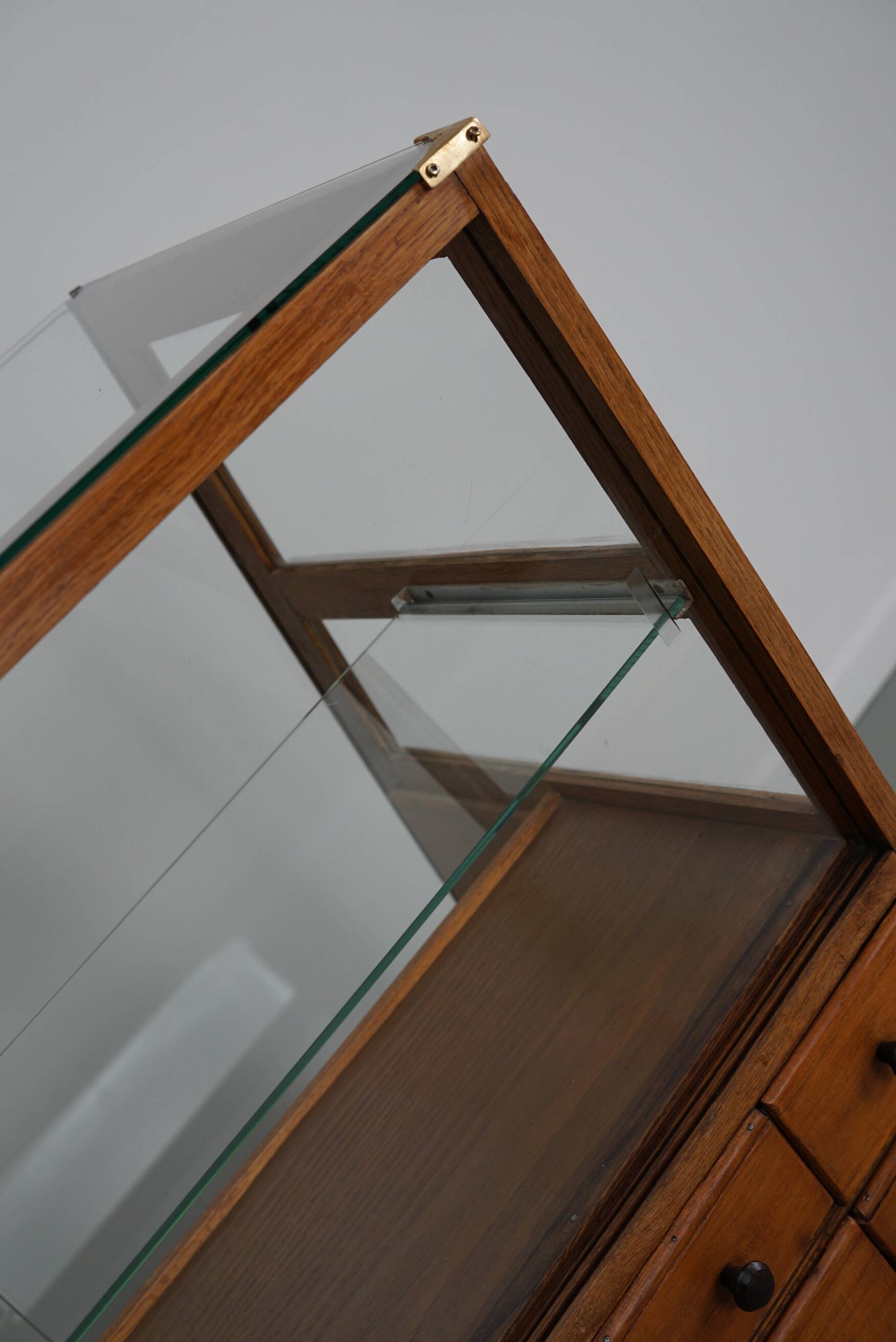 Antique Spanish beech & oak haberdashery cabinet or shop counter, 1950s