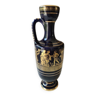 Vase amphore grec, bleu cobalt. scènes de vie mythologie grec. inclusions or 24 c