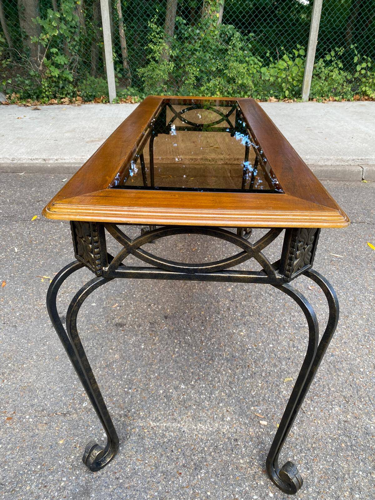 Neo-classical entrance console in wrought iron and solid oak H70 cm 1970