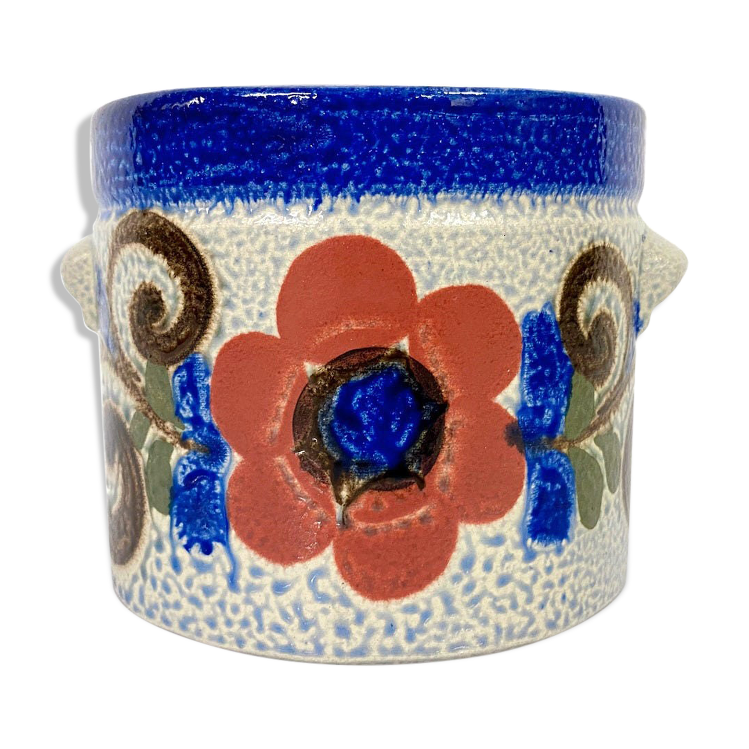 Vintage Knodgen 5260 ceramic planter, blue with flowers