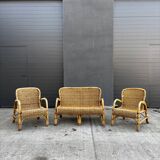Vintage rattan garden furniture – complete set with sofa and armchairs.