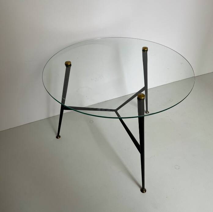 1950s Round Glass and Metal Coffee Table