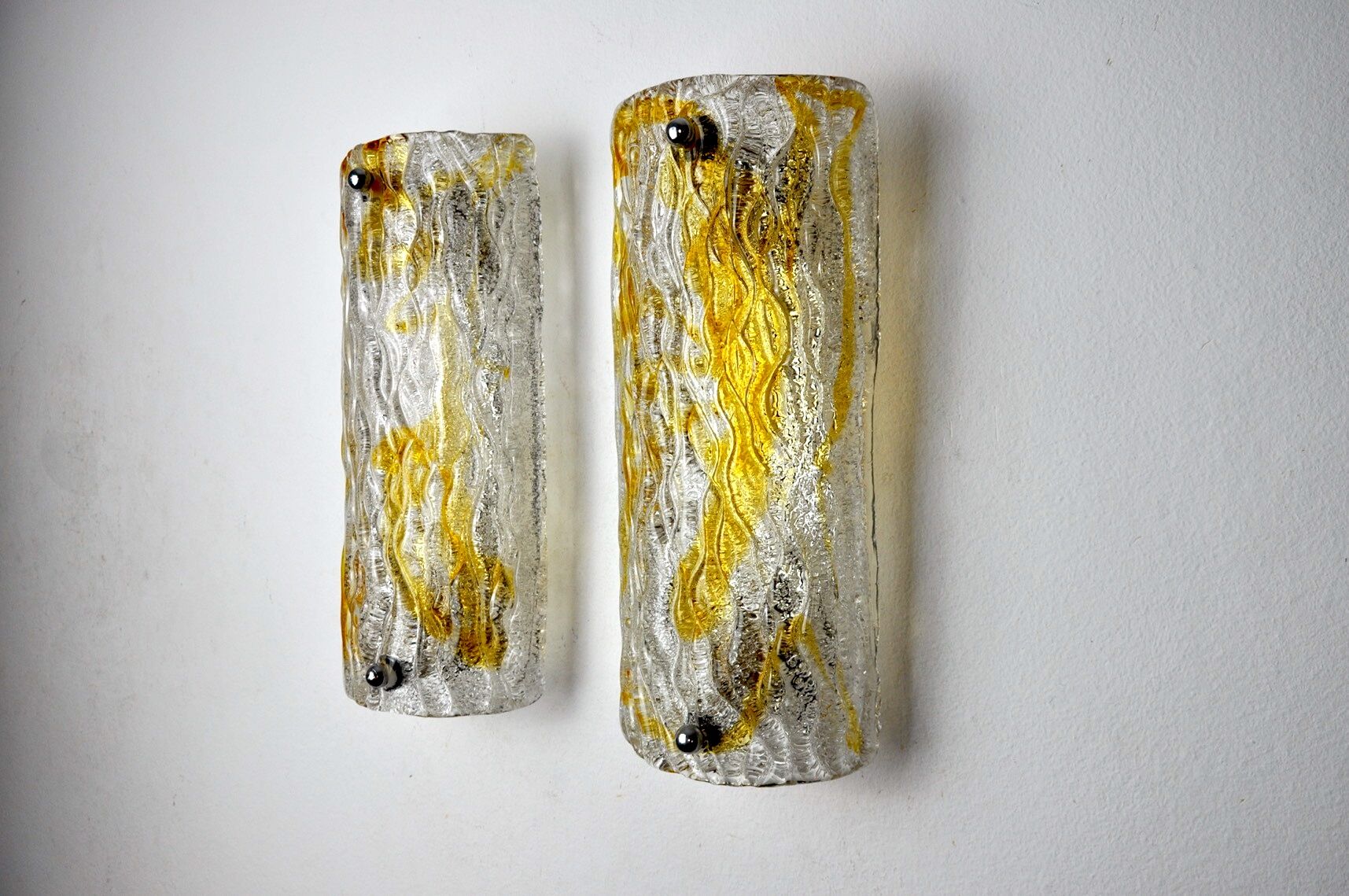 Pair of Mazzega wall lamps, orange Murano blown glass, Italy, 1960