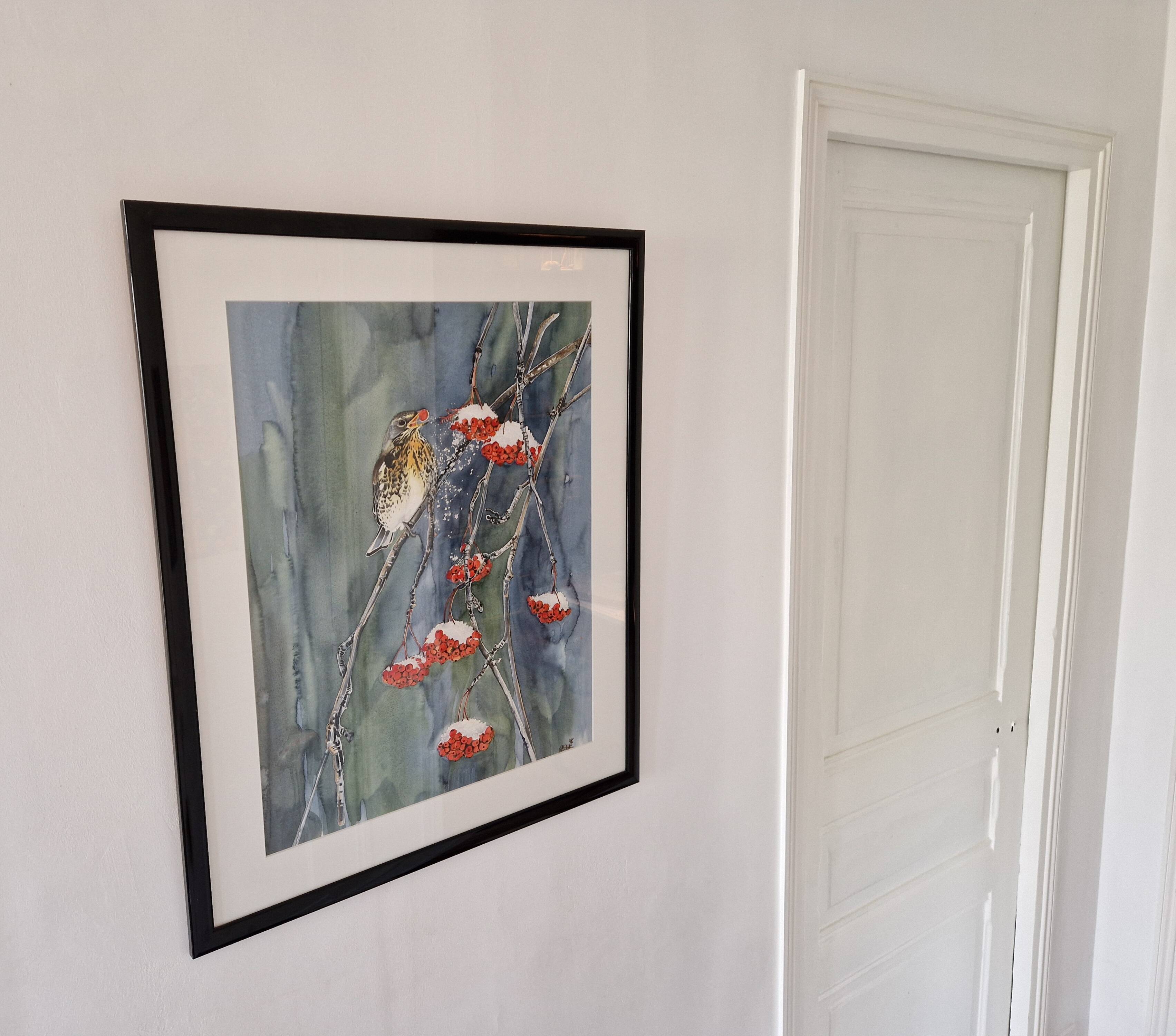 Original framed watercolor bird on snowy rowan tree