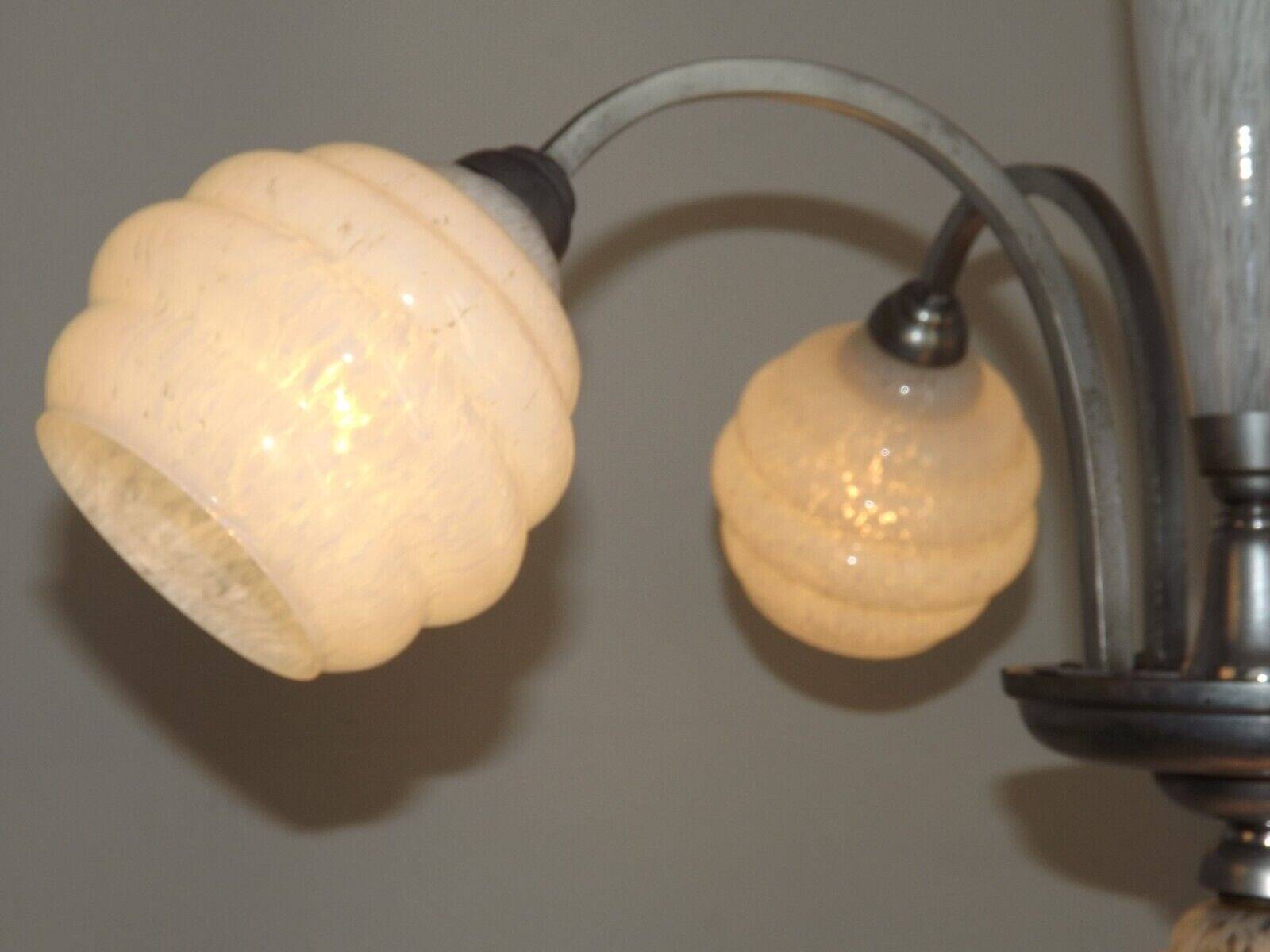 French Art Deco chandelier in silver-finished brass with 5 lights, Clichy white glass 4456.