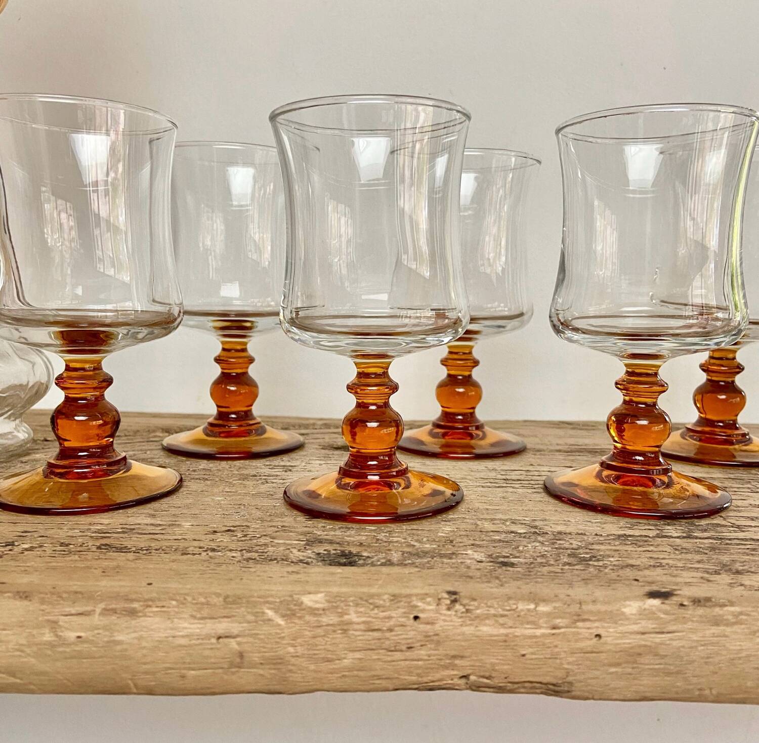 6 small vintage amber stemmed glasses