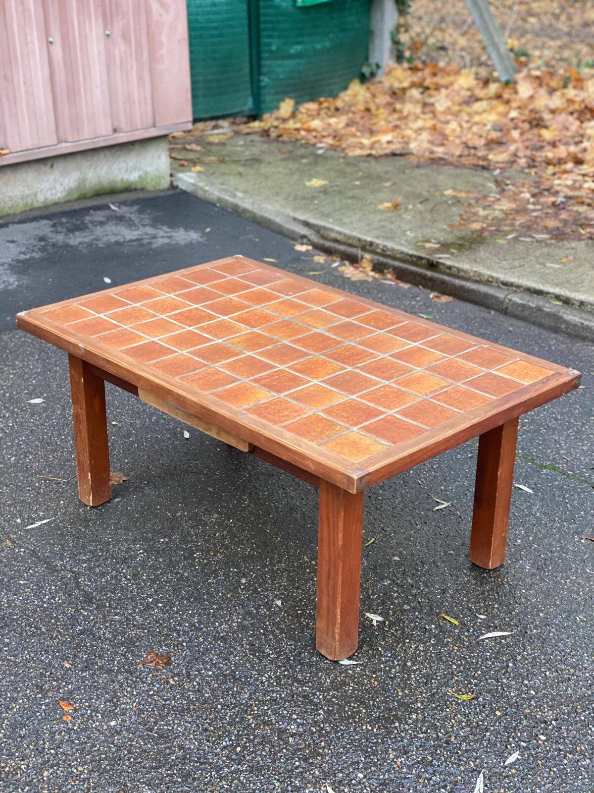 Table basse vintage en chêne et céramique