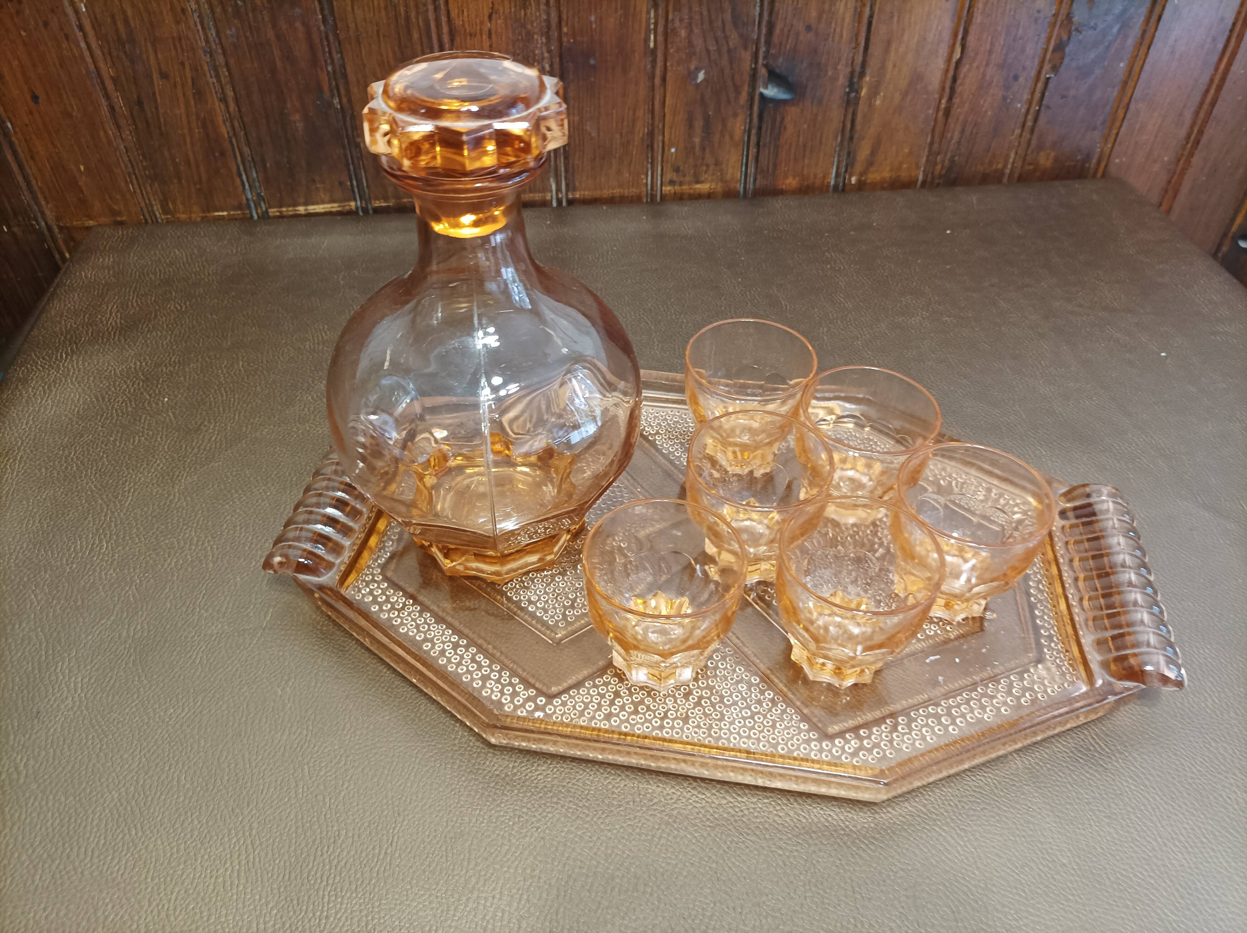 Aperitif set carafe tray and 6 glasses - thick pink glass - art deco