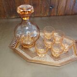 Aperitif set carafe tray and 6 glasses - thick pink glass - art deco