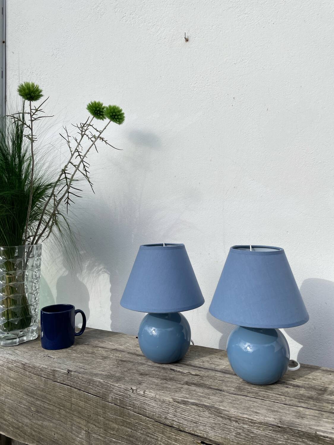 Pair of blue ceramic ball lamps