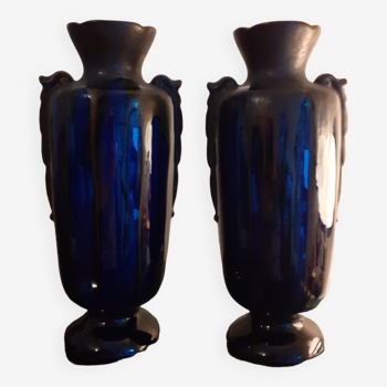 Paire de vases en grés émaillé bleu brillant et glaçure marron. art nouveau.