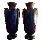 Paire de vases en grés émaillé bleu brillant et glaçure marron. art nouveau.