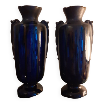 Pair of vases in glazed sandstone glossy blue and brown glaze. art nouveau.