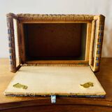 Large vintage rattan and wicker sewing basket with fabric seat