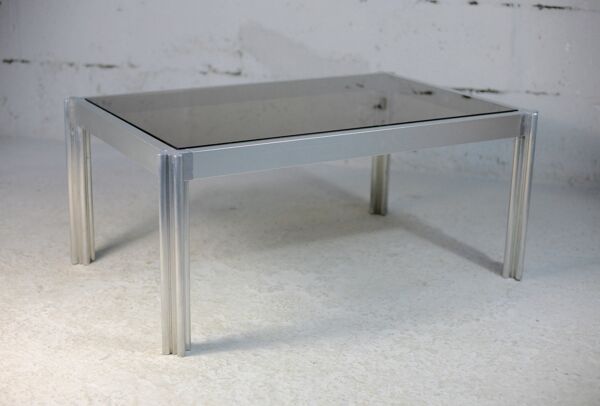 Table basse acier et verre fumé, Mobilier International, 1970