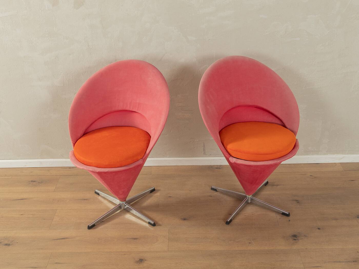 Cone chairs by Verner Panton for Gebrüder Nehl, original pink and orange upholstery, set of 2