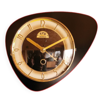 Vintage formica clock silent asymmetrical wall pendulum "FFR Morbier black red"