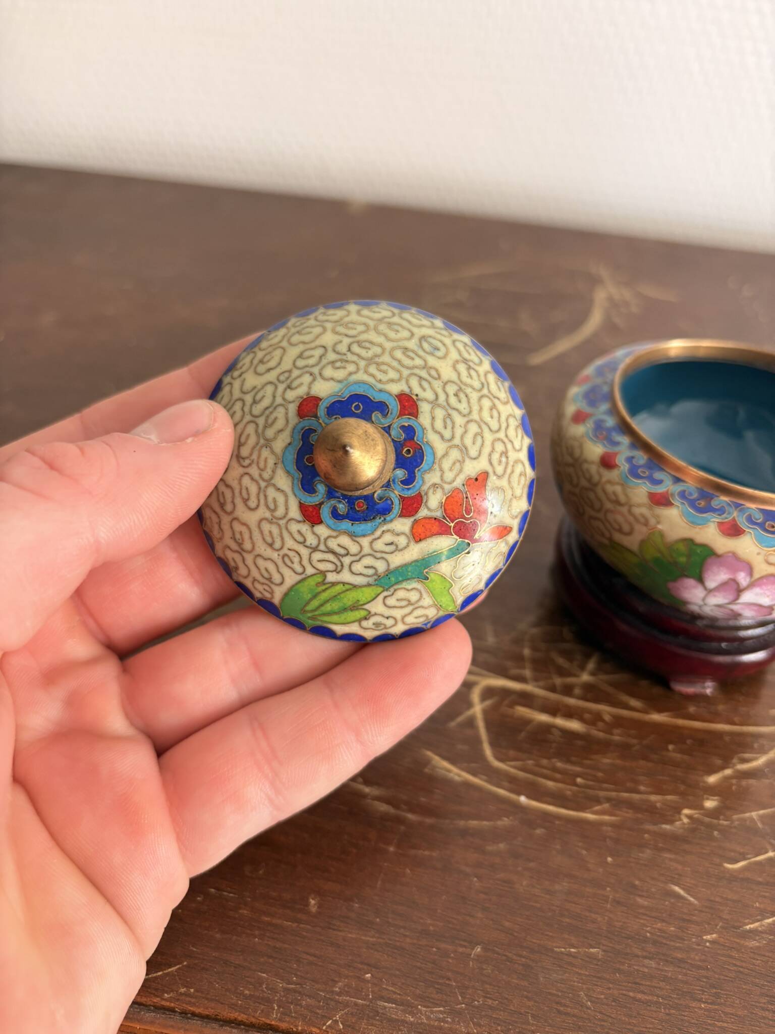 Antique Box Pot Lid Cloisonné Chinese Peony Jewellery Cosmetic