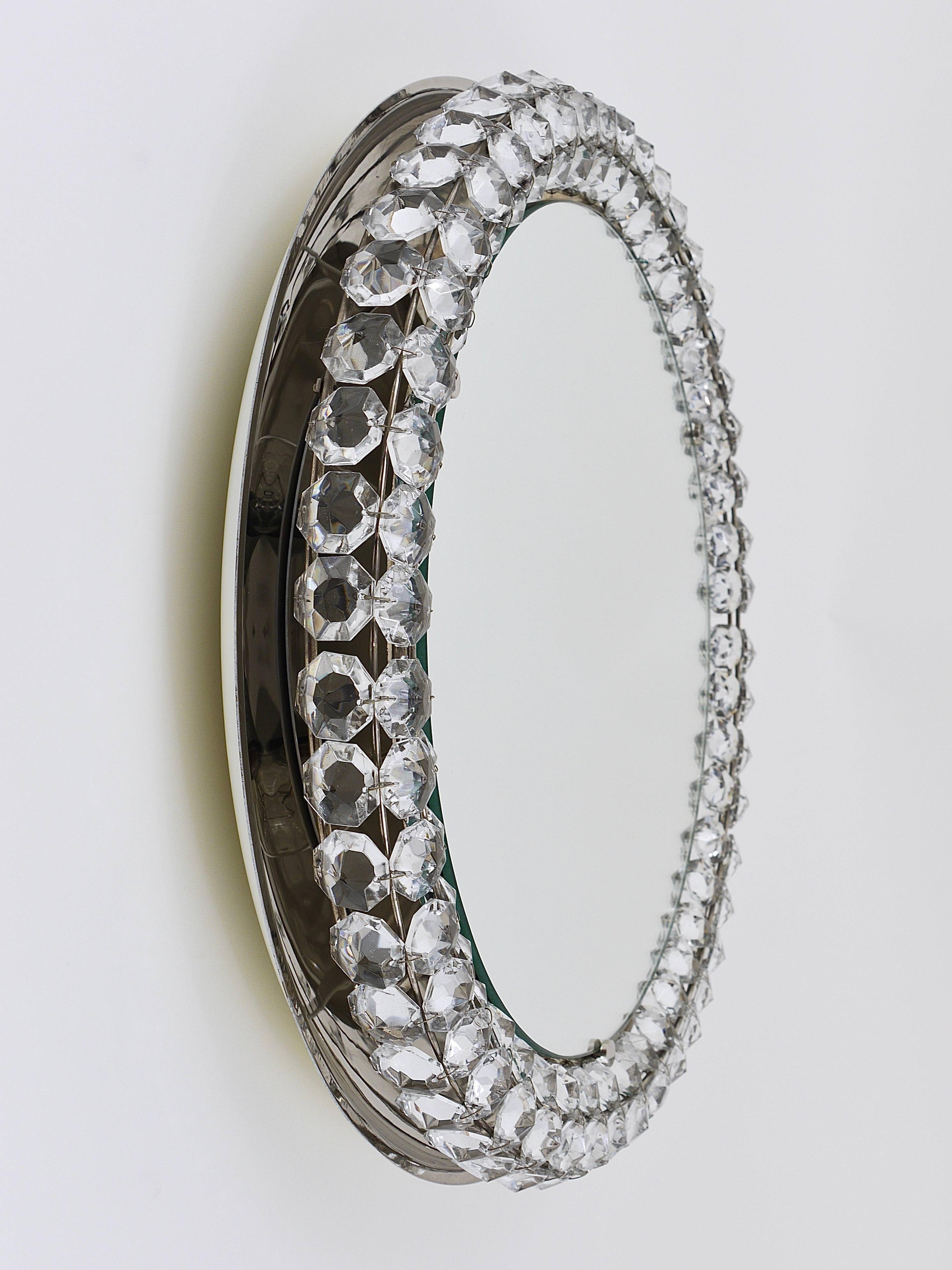 Backlit circular wall mirror Bakalowits Vienna with large crystals, Austria, 1950s