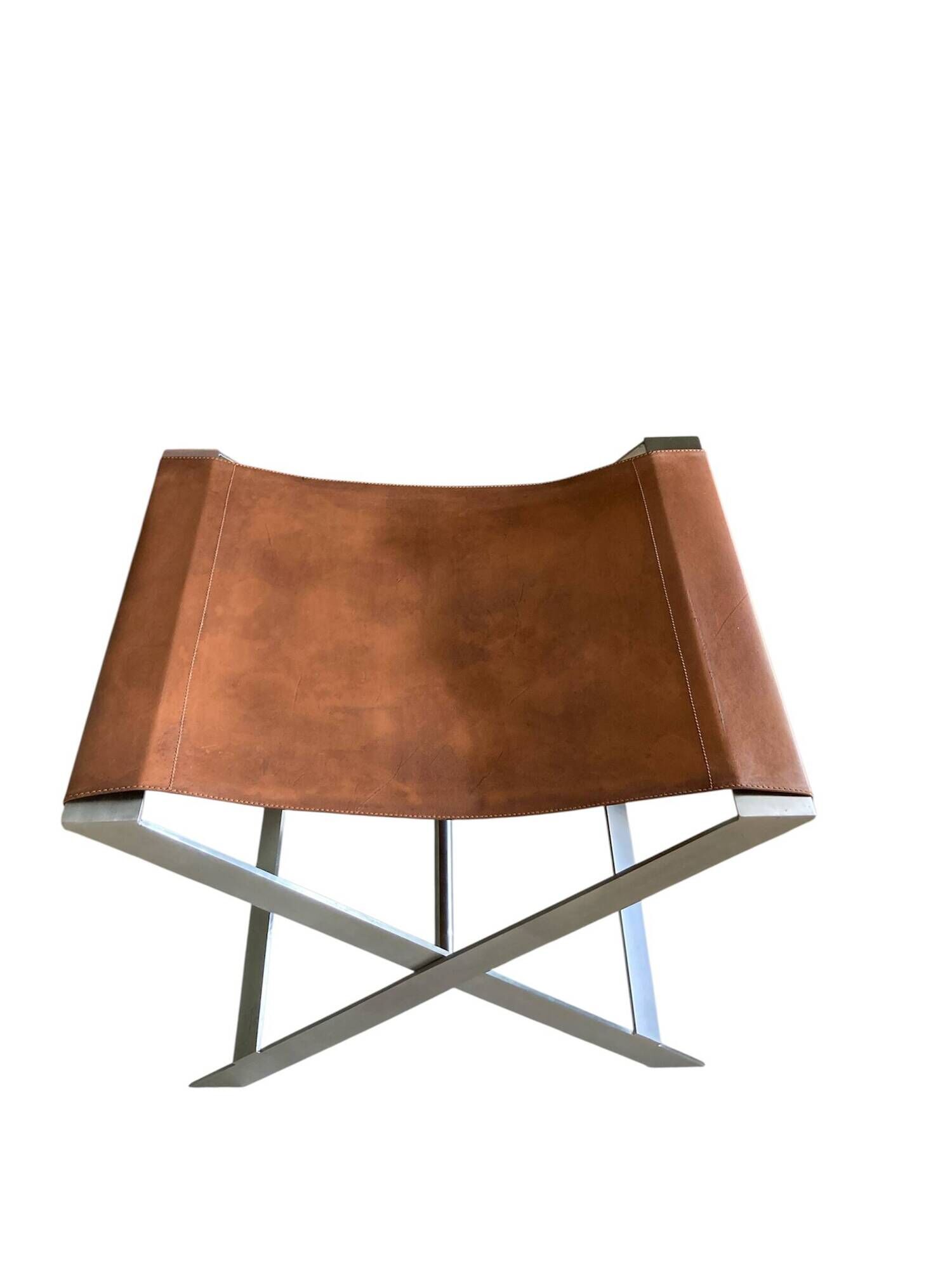 FOLDING STOOL KNOWN AS "PLOYANT" IN BRUSHED STEEL AND LEATHER, SIGNED AMAURY WATINE