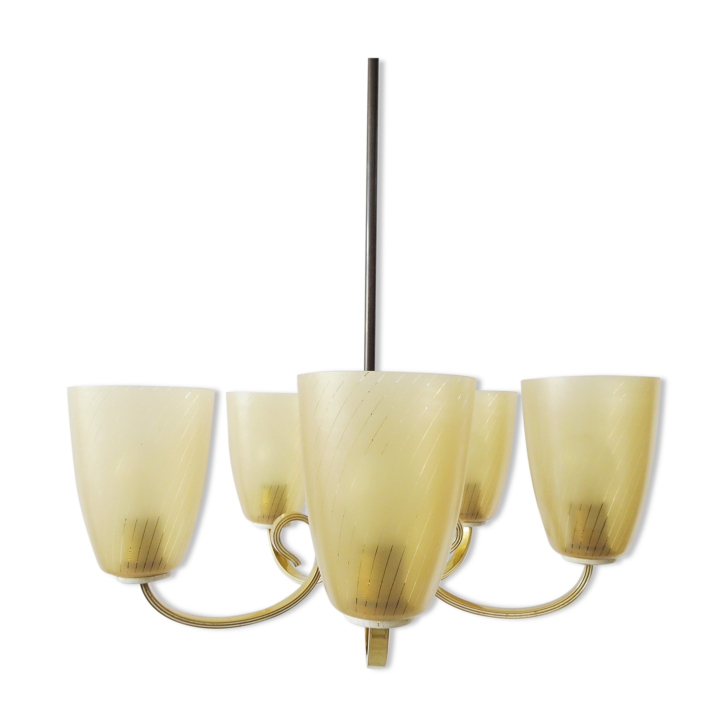 Five-armed chandelier made of brass and glass