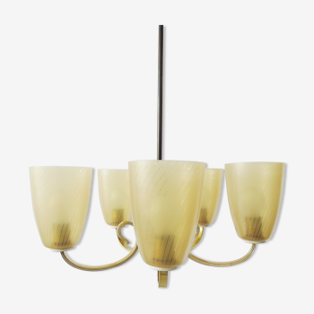 Five-armed chandelier made of brass and glass