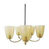 Five-armed chandelier made of brass and glass