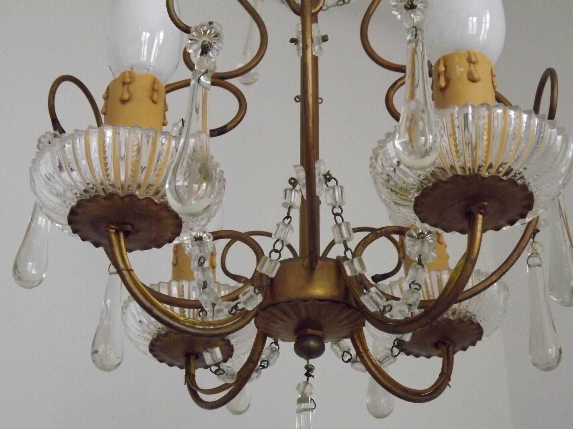 Vintage French 4 Arm Gilded Metal Cage Chandelier Beads Clear Murano Drops