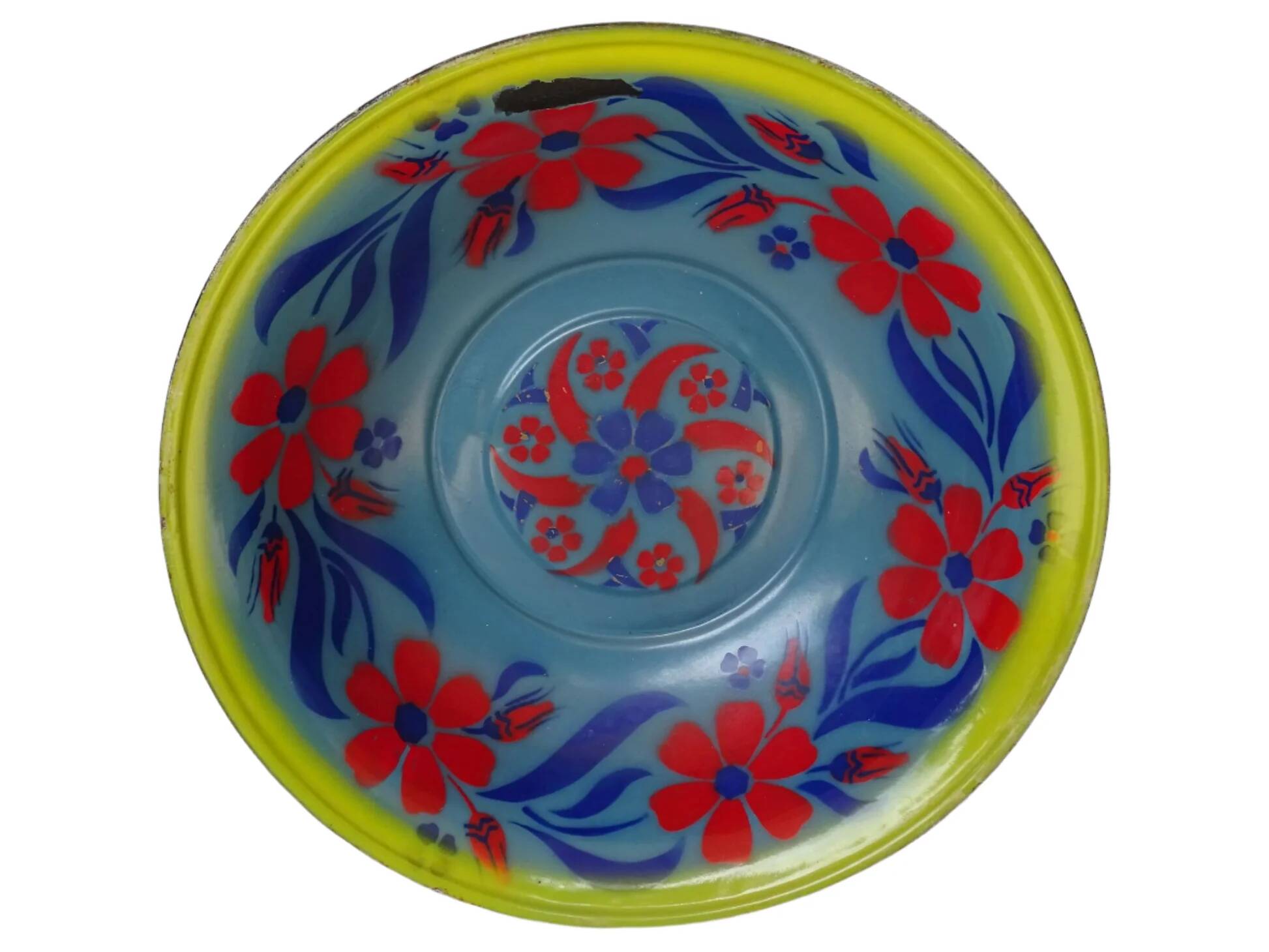 Grand bol vintage français émaillé à fleurs peintes à la main