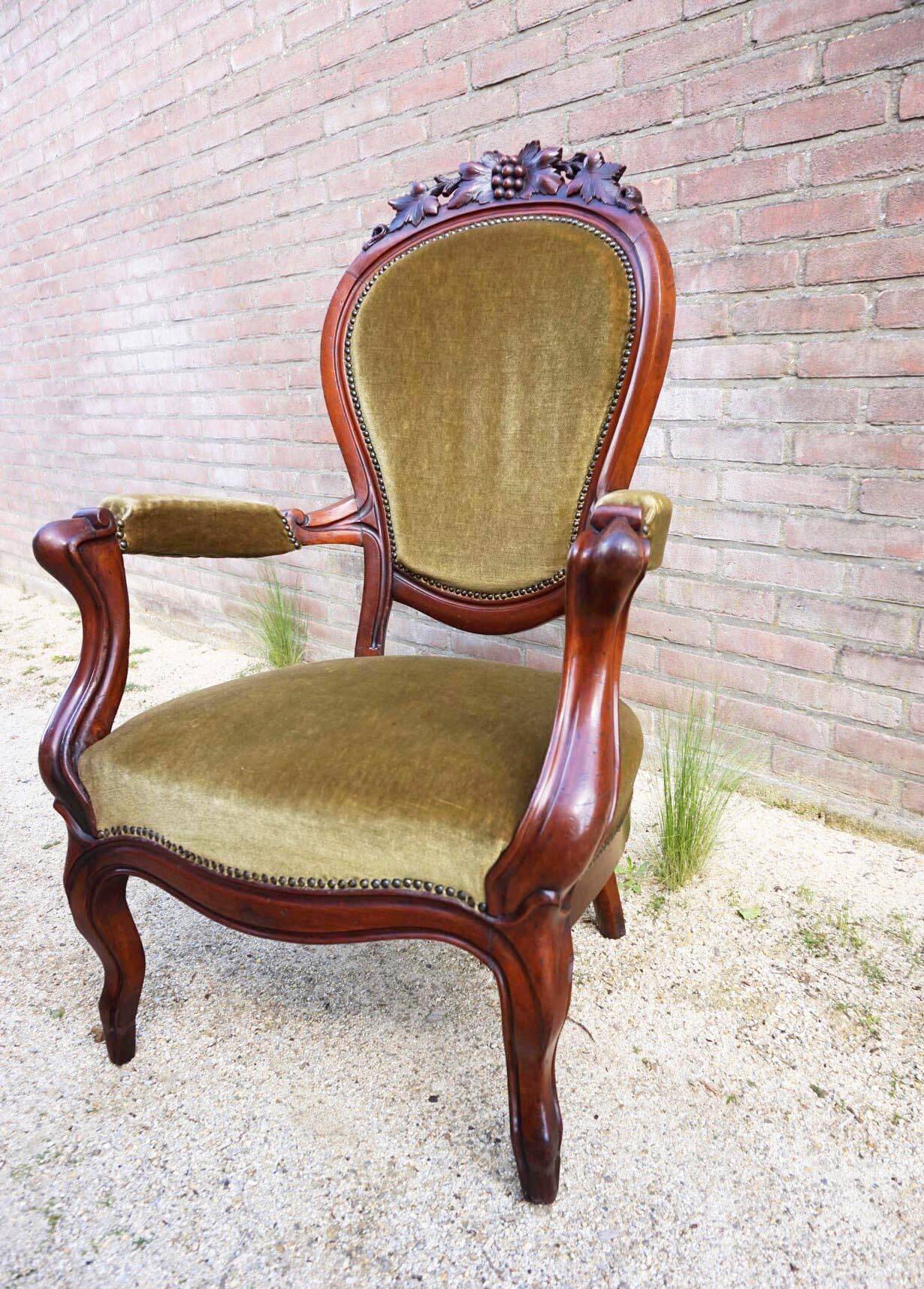 Mahogany Napoleon III Armchair with Carved Grapes  Decoration on Top, 1870s