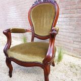 Mahogany Napoleon III Armchair with Carved Grapes  Decoration on Top, 1870s