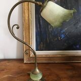 Art Deco bedside lamp with tulip and part of the foot in speckled green glass paste