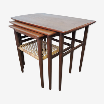 Mid-century danish teak and cane pull-out tables, 1950s