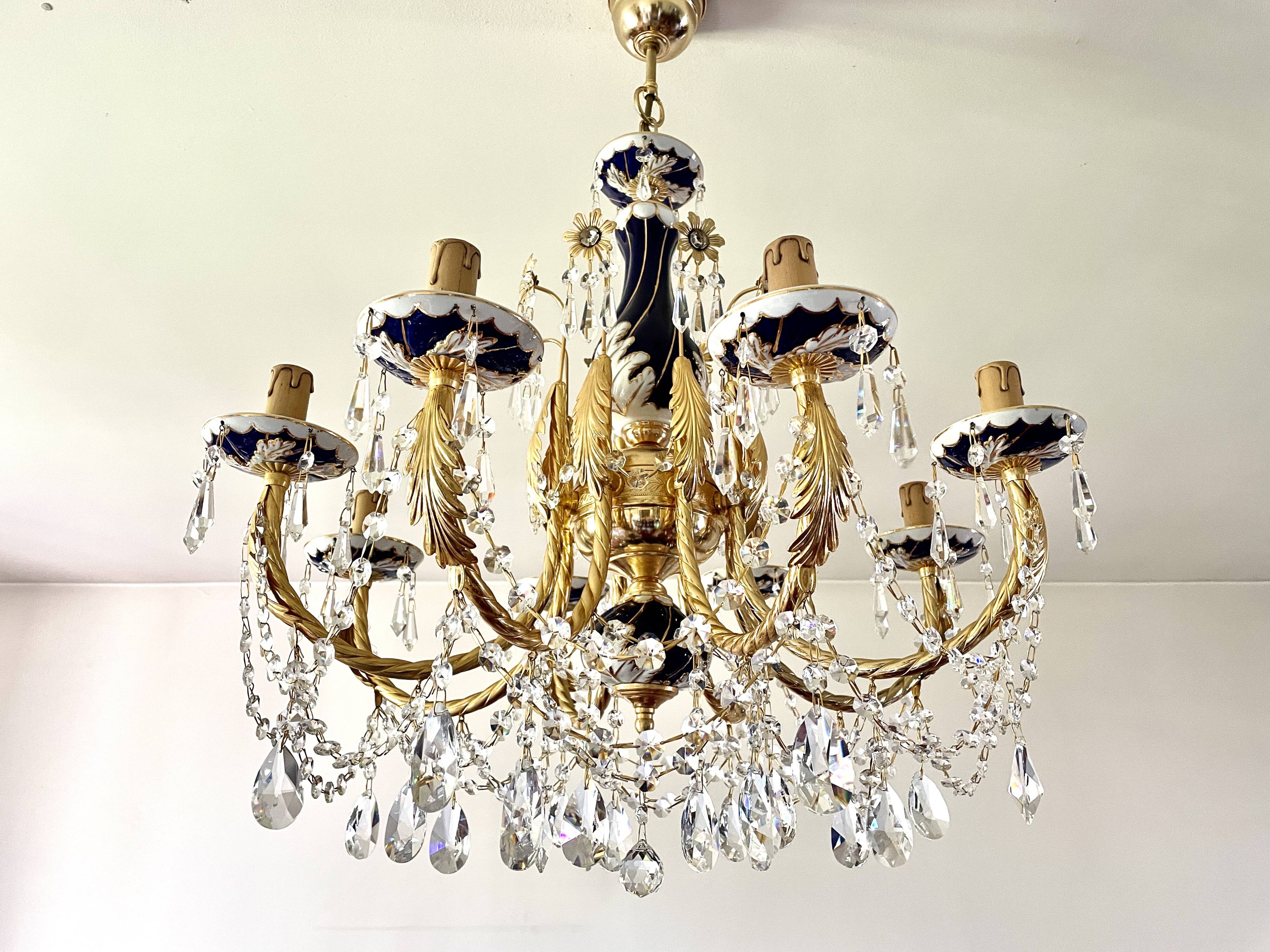 Large Russian chandelier in blue ceramic and crystal pendants, mid-20th century