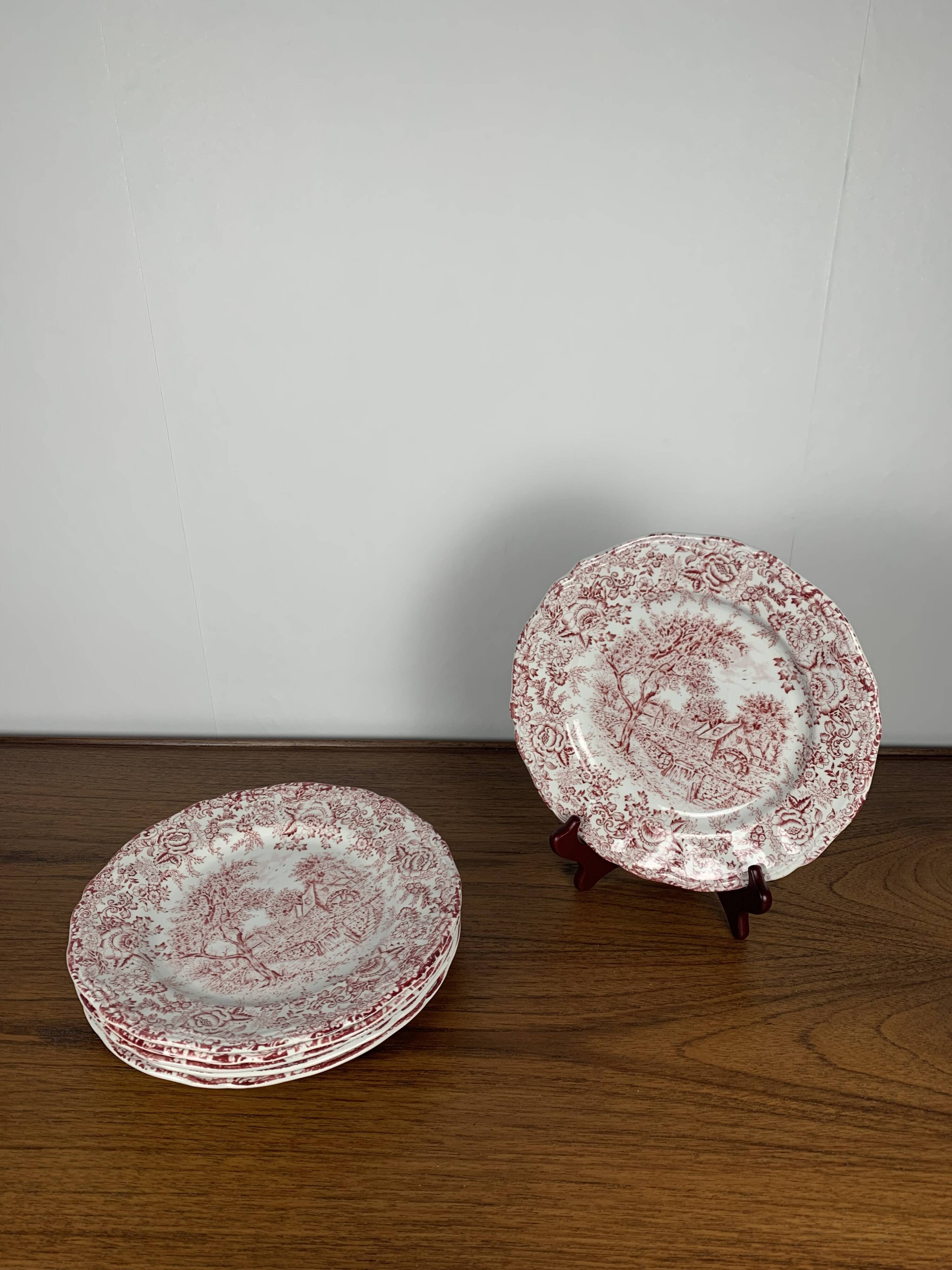 Set of 6 English flat plates, red tones
