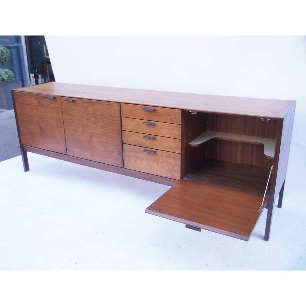 Long Scandinavian vintage teak and leather sideboard