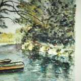 River and its two boats overlooked by a falling willow - Monique Perceval