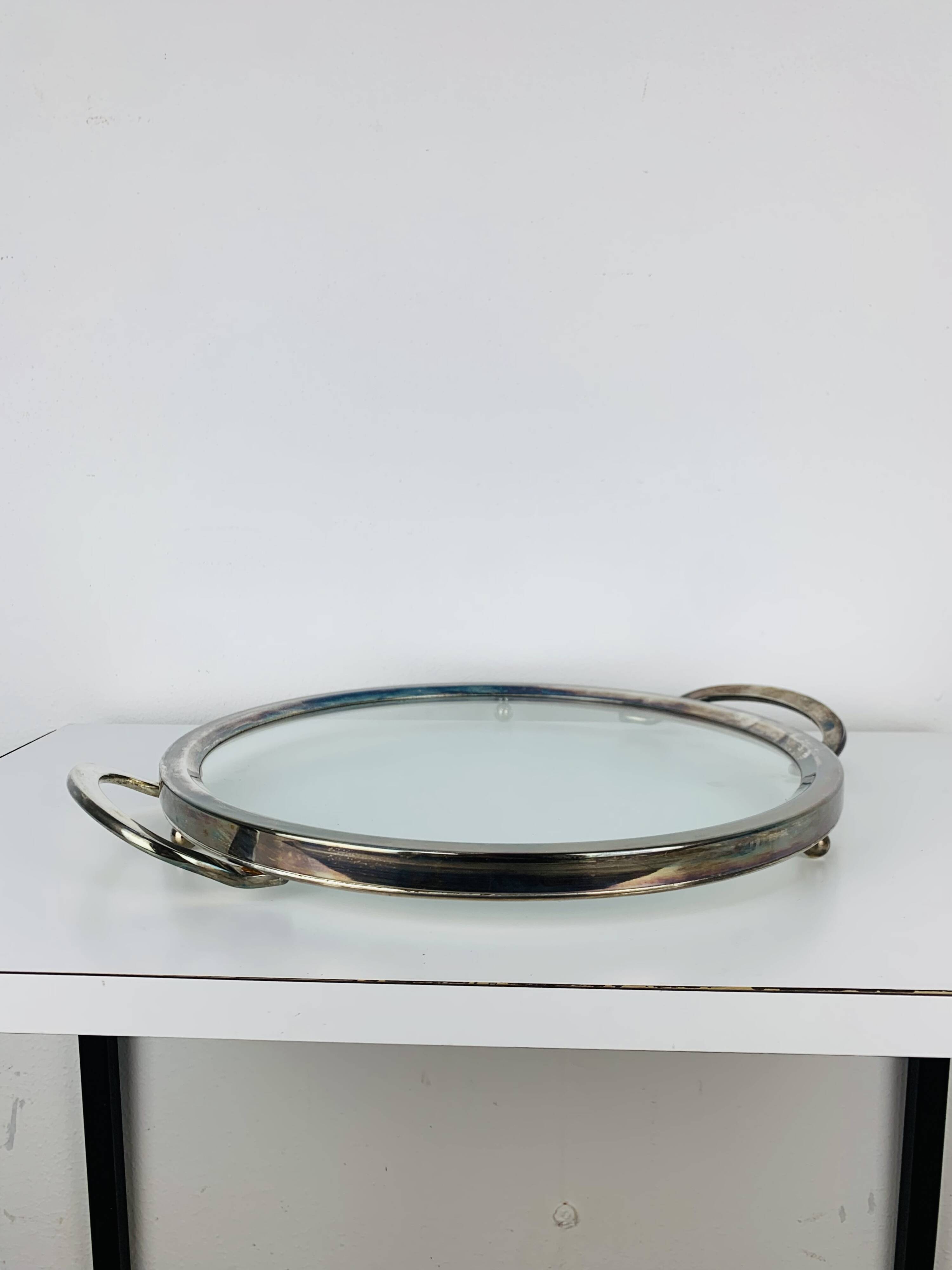 Plateau en métal argenté et verre, vintage