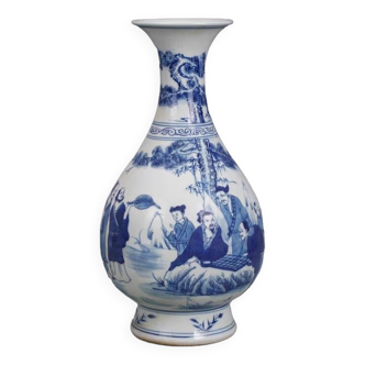 Qing Dynasty Kangxi Style Blue-And-White Play Chess Jade Pot Spring Bottle Chinese Palace Gifts