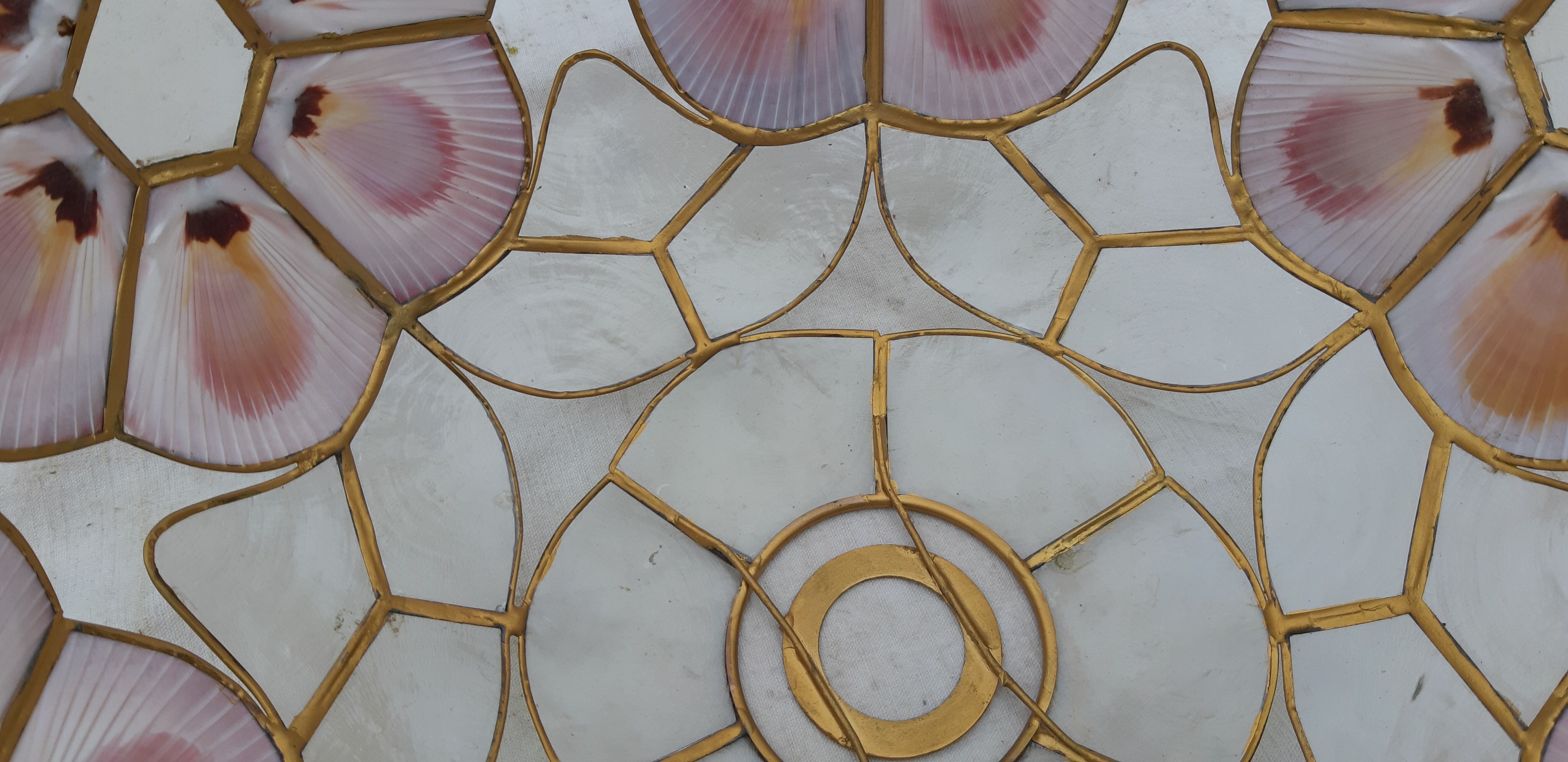 Pair of vintage pendant lamps in brass mother-of-pearl and shells