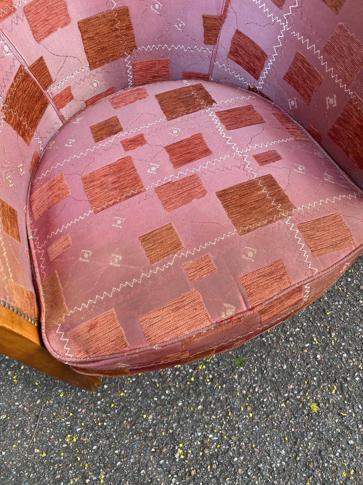 2 club chairs in curved solid wood and embroidered silk burgundy fabric.