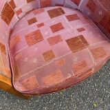 2 club chairs in curved solid wood and embroidered silk burgundy fabric.