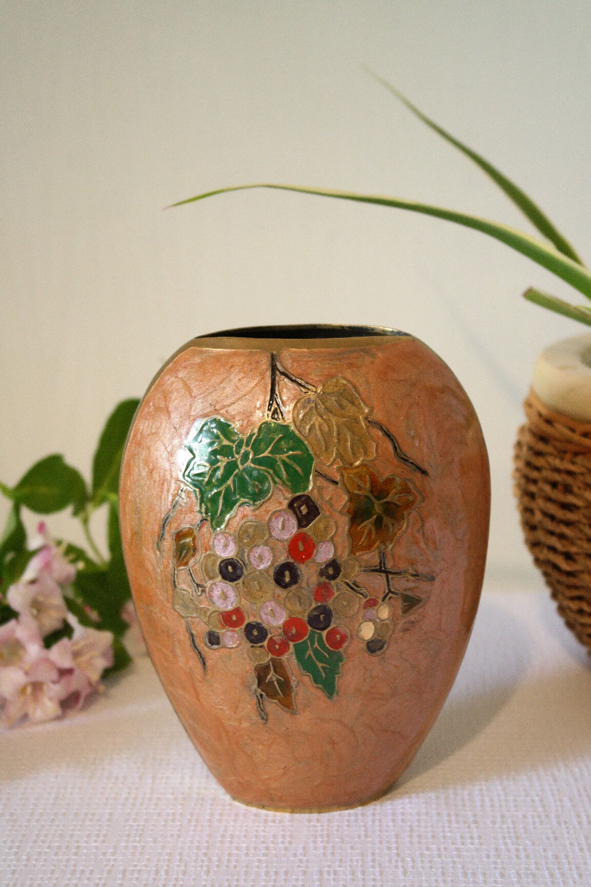 Vintage enamelled polychrome brass vase