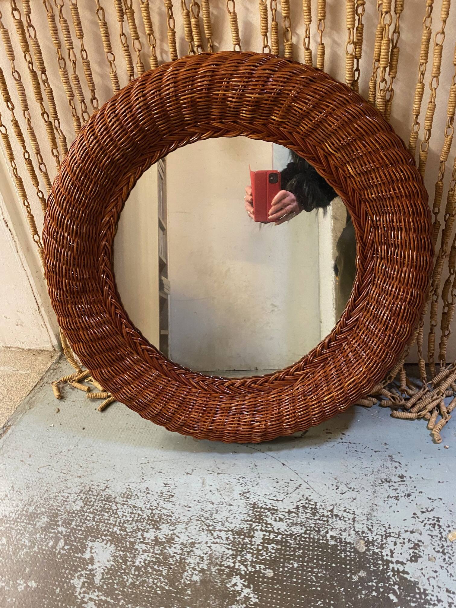 Old vintage round braided wicker mirror 1970s