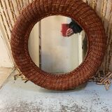 Old vintage round braided wicker mirror 1970s